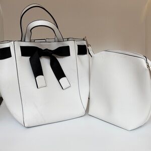 Elegant Leather White and Black Women's Tote Bag Set